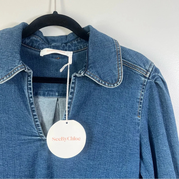 SEE BY CHLOE Tie-Neck Shirt Denim Jeans Blouse Top Preppy Puff Sleeve US 8 - Picture 10 of 16